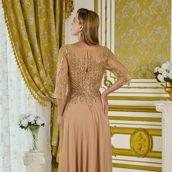 New Gold A-Line Mother Of Bride Chiffon Dress w/ Sheer 3/4 Sleeves GL3796 - Picture 14 of 15